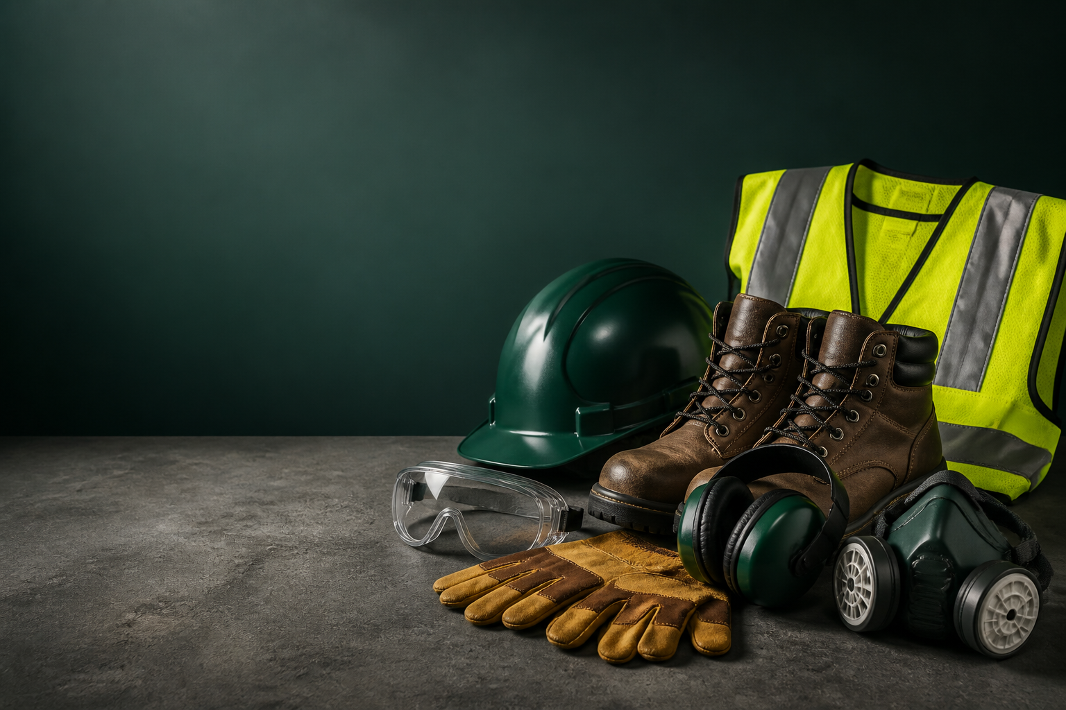 Safety boots, high-vis vest, hard hat, gloves and protective equipment